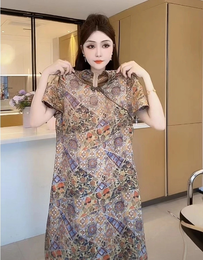 M9A86135  短袖时尚减龄气质高腰修身显瘦中长款连衣裙