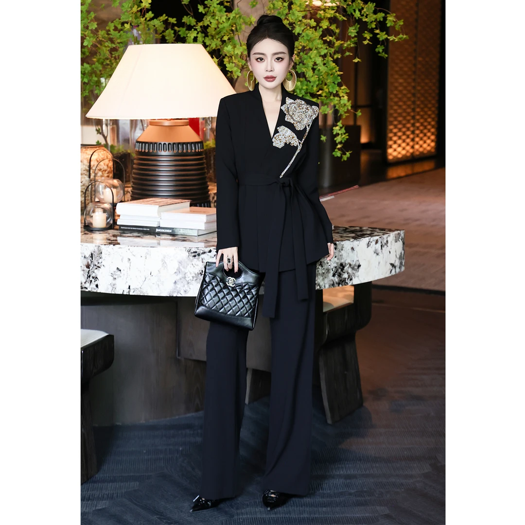 高端职业美业工作服套装女秋季新款重工钉珠绑带西装阔腿裤两件套