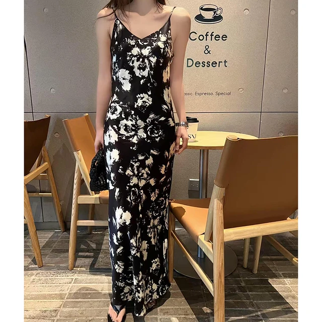 高级优雅印花醋酸吊带裙 法式春夏V领修身显瘦西装内搭连衣裙长裙