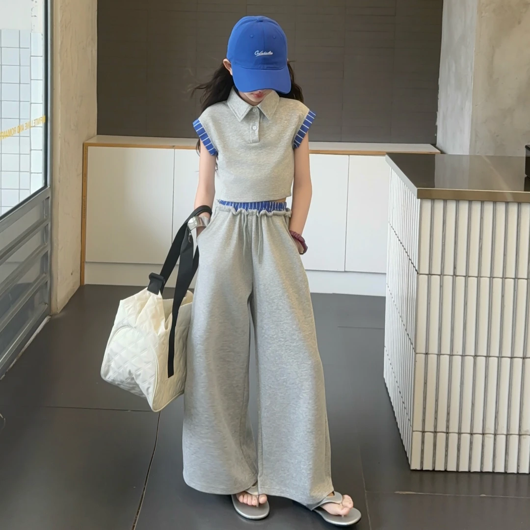 女童夏季POLO衫套装2025新款儿童洋气时尚短袖上衣休闲长裤两件套