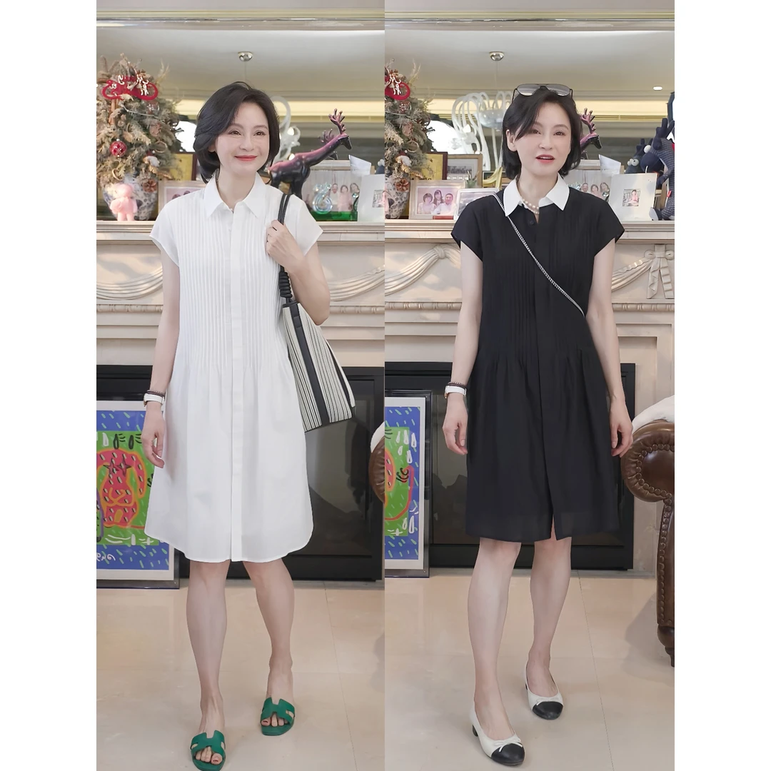 我是摩羯 拉达小黑裙 桑蚕丝棉打条翻领宽松优雅夏连衣裙