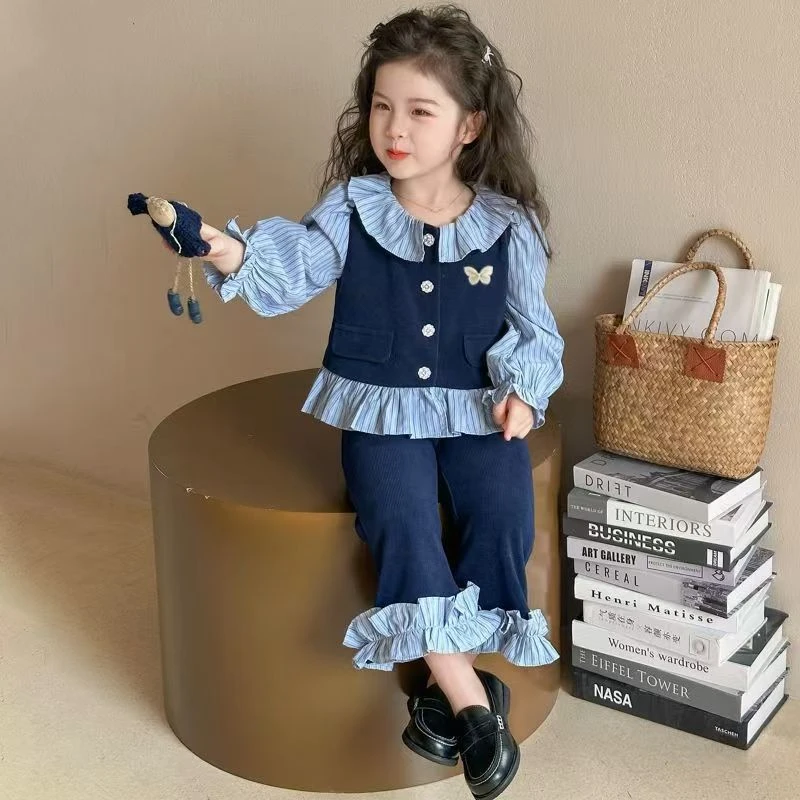 女童春秋套装2025新款儿童洋气时髦宝宝学院衬衫喇叭裤两件套