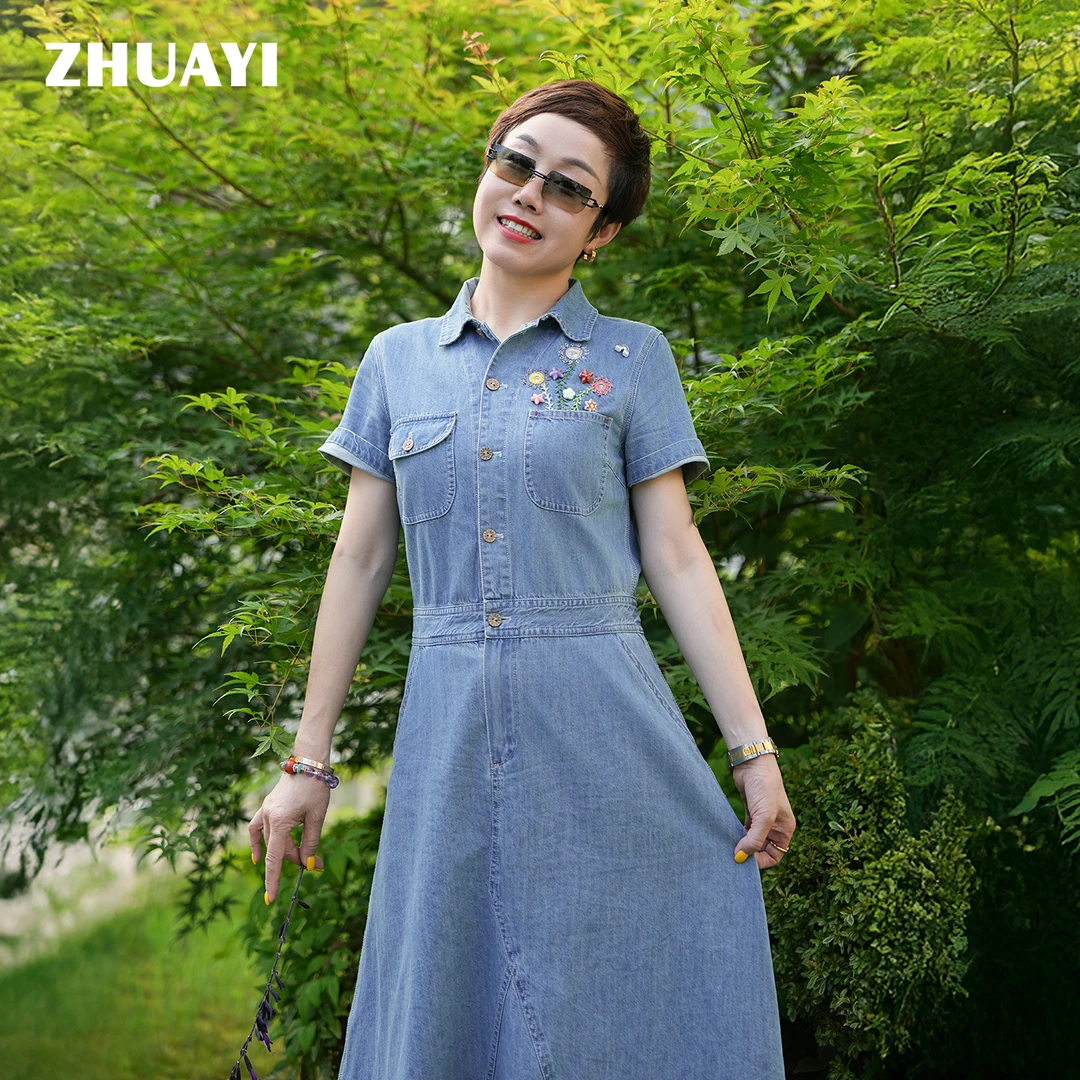 朱姐同款气质刺绣花朵牛仔连衣裙夏季牛仔裙显瘦夏装（25222346）3