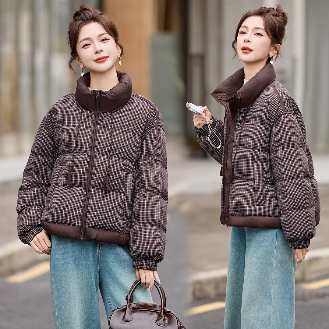 撞色拼接格纹立领羽绒服女2025冬季新款小个子百搭白鸭绒短款外套