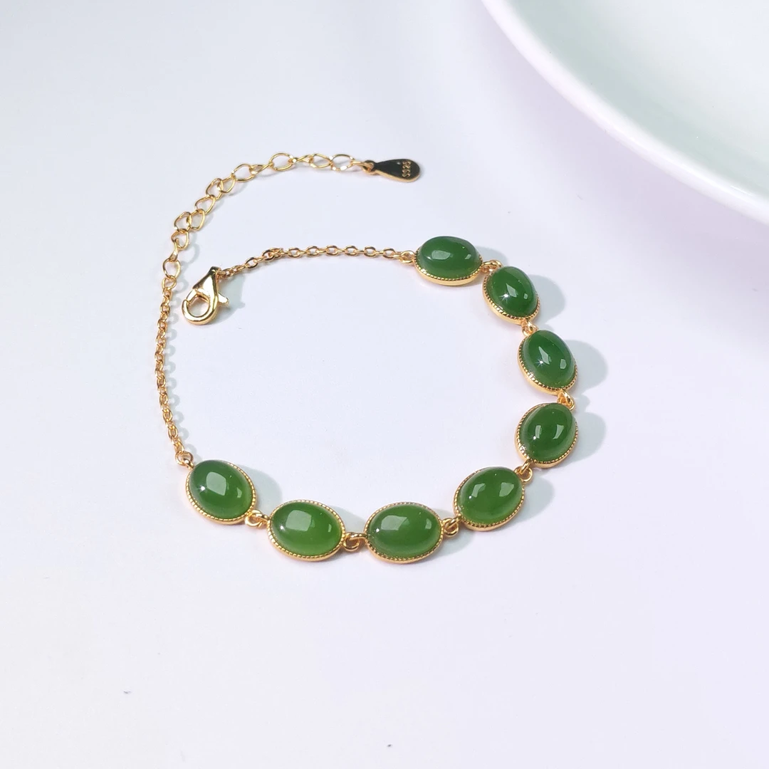 【华之京】天然和田玉碧玉蛋面手链+S925银镶多样性发一-YS