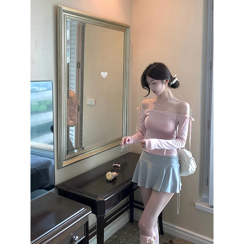 白水女 美女氛围 蝴蝶结一字肩T恤女设计感纯欲上衣 B50349060