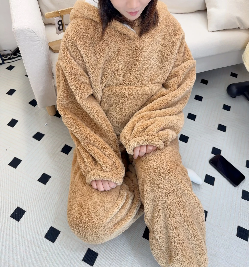 2025秋冬加绒特厚款加厚显瘦简约可爱泡泡绒睡衣系带连帽松紧保暖