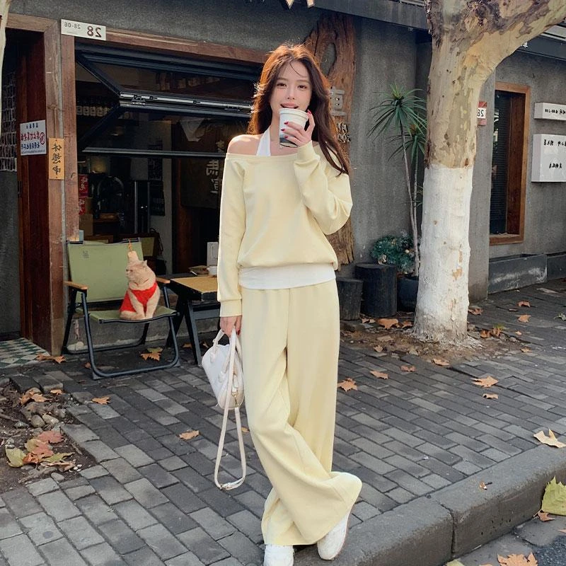 黄色露肩挂脖卫衣休闲运动套装女2025秋季新款洋气减龄长裤两件套