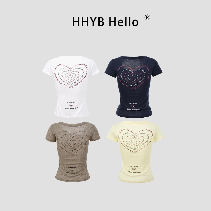 HHYB Hello心动循环圆领字母T恤2025夏季新款时尚百搭上衣250607