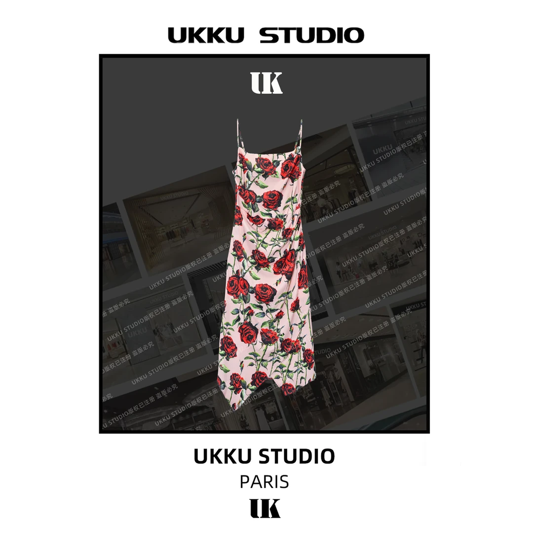 牛【UKKU STUDIO】新款时尚设计师玫收腰印花吊带连衣裙311902