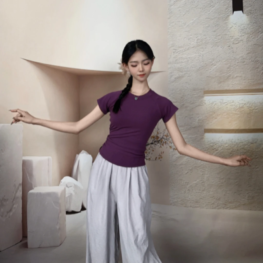 2025现代舞古典舞练功形体服夏季短袖漏背女上衣中国舞舞蹈服（雪）