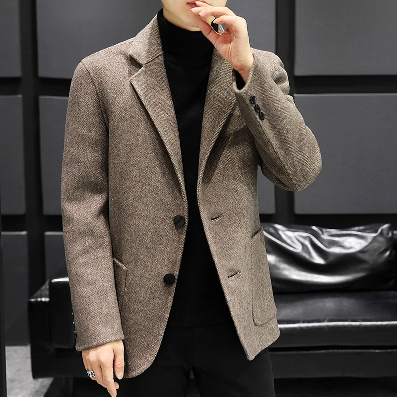 玛加西曼特大衣男秋冬小西服修身人字纹羊毛双面呢短款外套男装