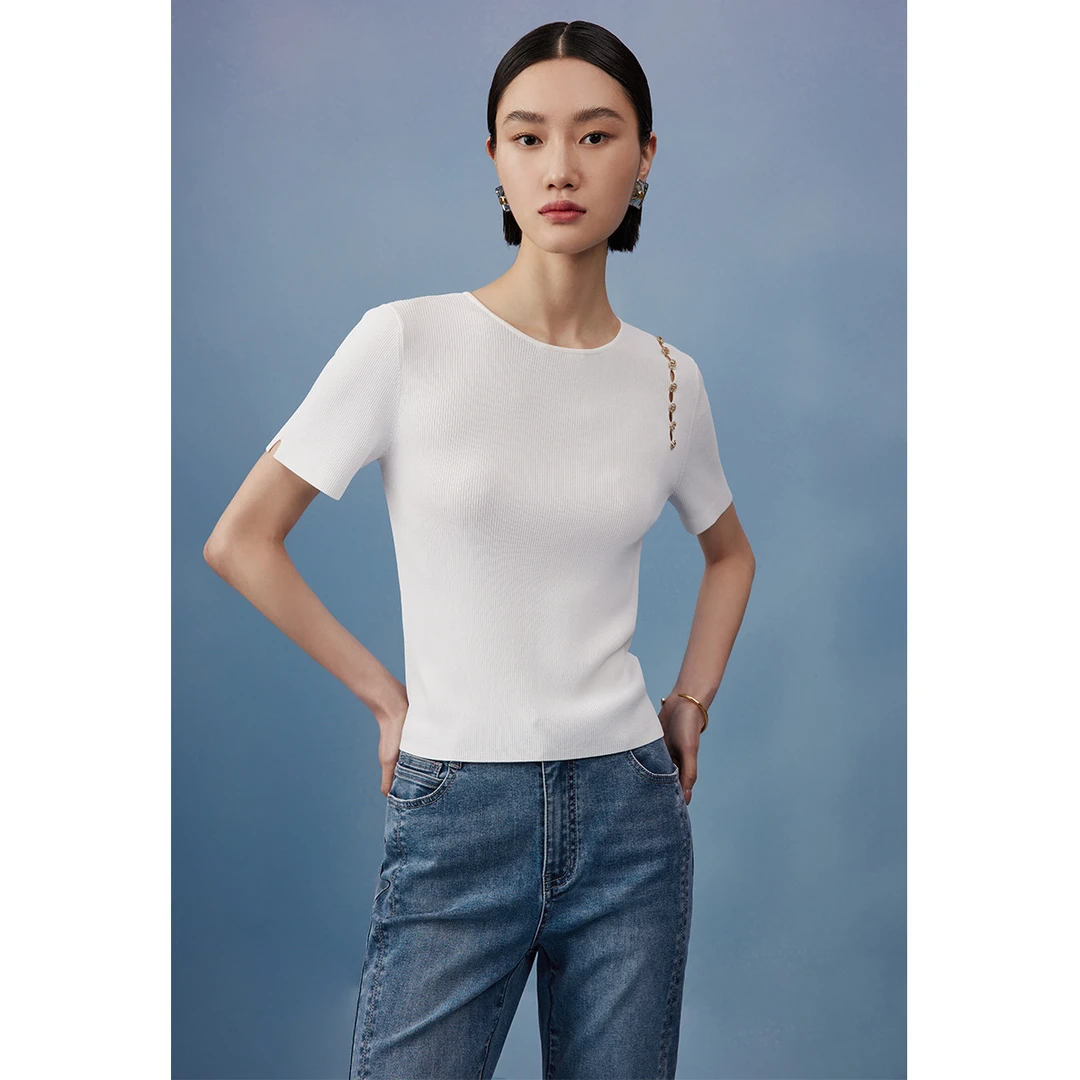 【雅然严选】纯色圆领套头T恤夏季简约设计感小众修身短袖针织衫