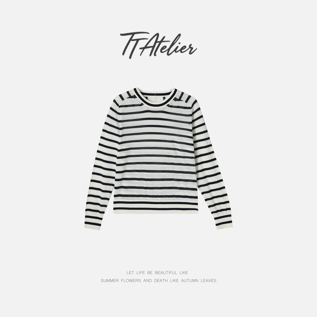 TT设计师【初见】日系高级感圆领羊毛条纹长袖T恤TT190801