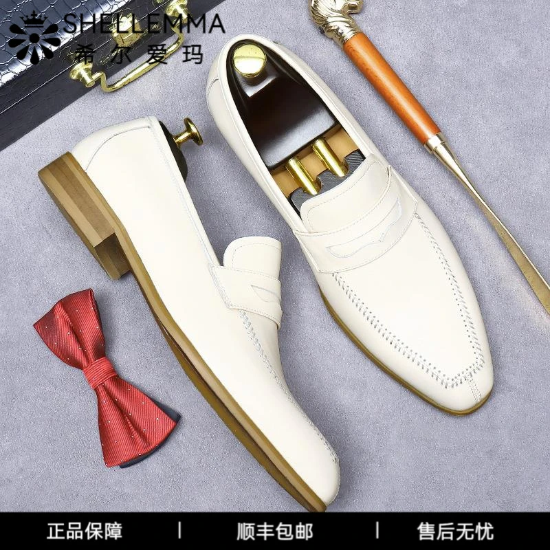 希尔爱玛皮一脚蹬休闲鞋米白色套脚正装手工皮鞋男士鞋子男款休闲