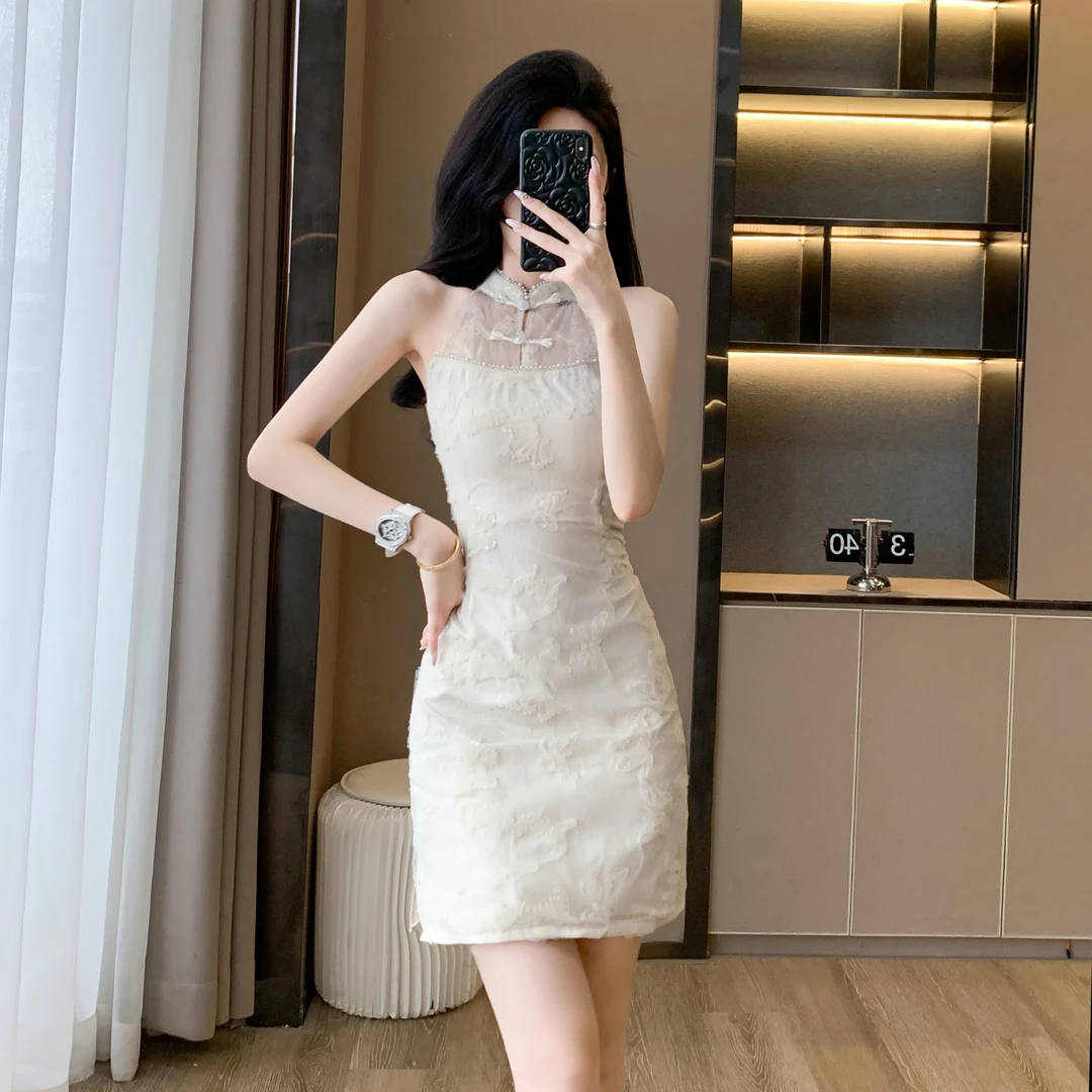 新中式国风改良旗袍裙女夏季新款女装小个子无袖挂脖式收腰连衣裙