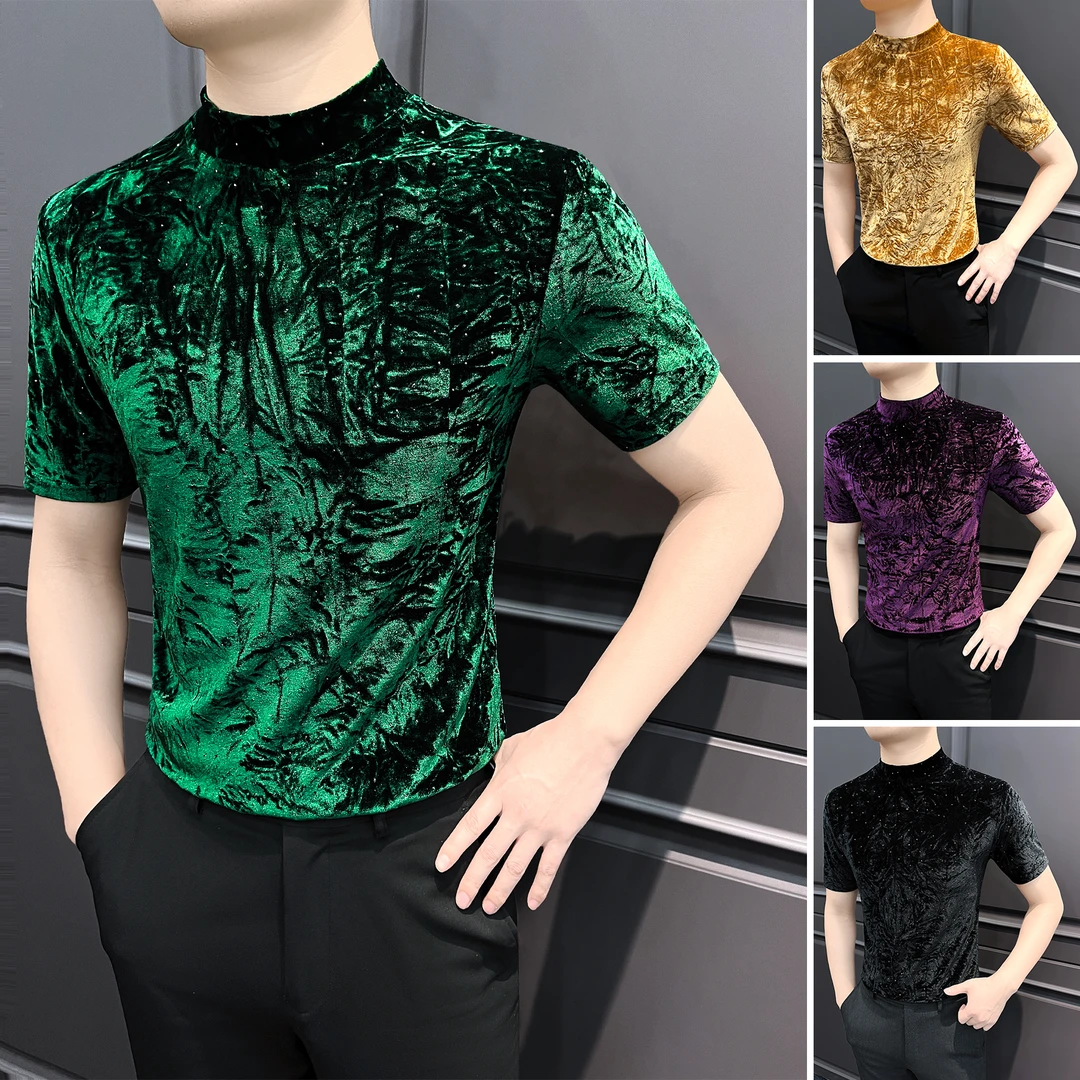 金丝绒褶皱男款t恤短袖高级感男装英伦痞帅休闲半高领男士打底衫