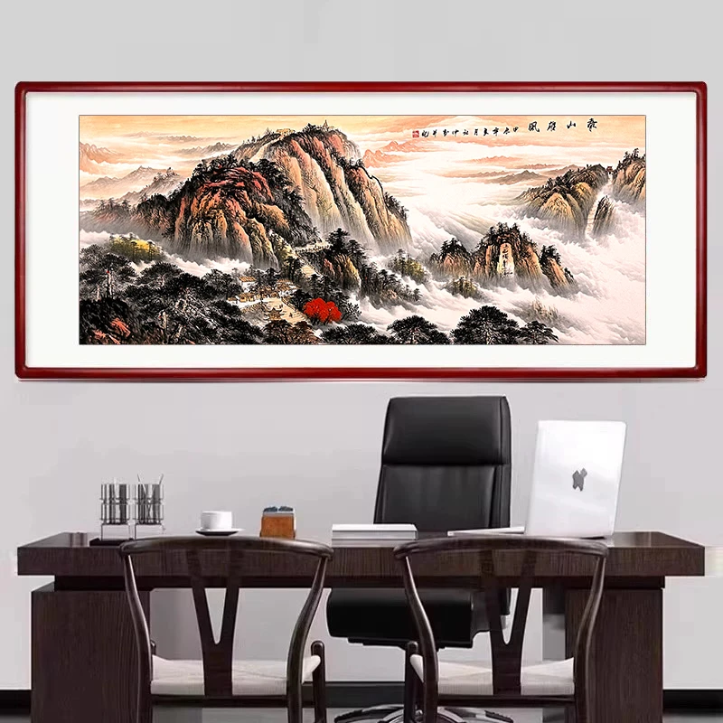 国画山水画客厅沙发背景墙画纯手绘实木框免费安装上墙泰山雄风