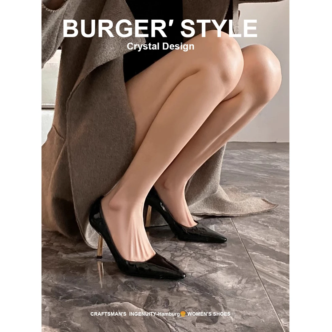 2025新款黑色尖头漆皮金跟气质通勤单鞋女浅口细跟尖头百搭高跟鞋