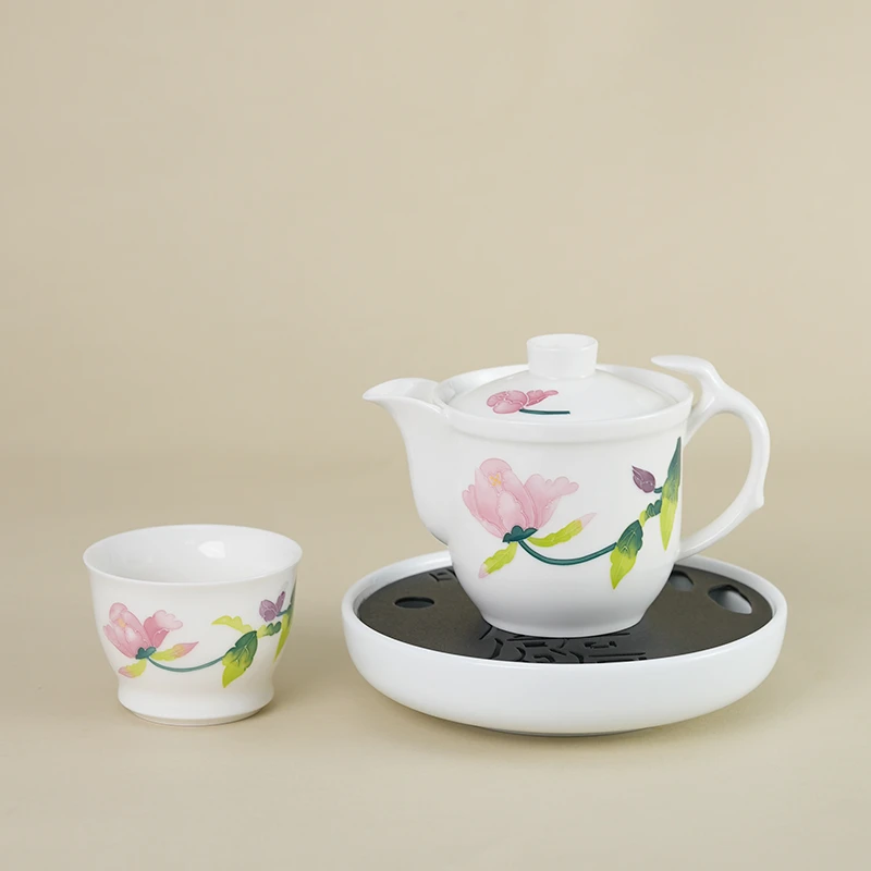 满堂春中式手绘家用功夫茶具一壶一杯陶瓷干泡盘简约手抓壶茶杯