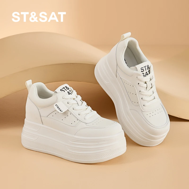 星期六厚底板鞋女9cm增高小白鞋2025春季新款百搭真皮休闲女鞋
