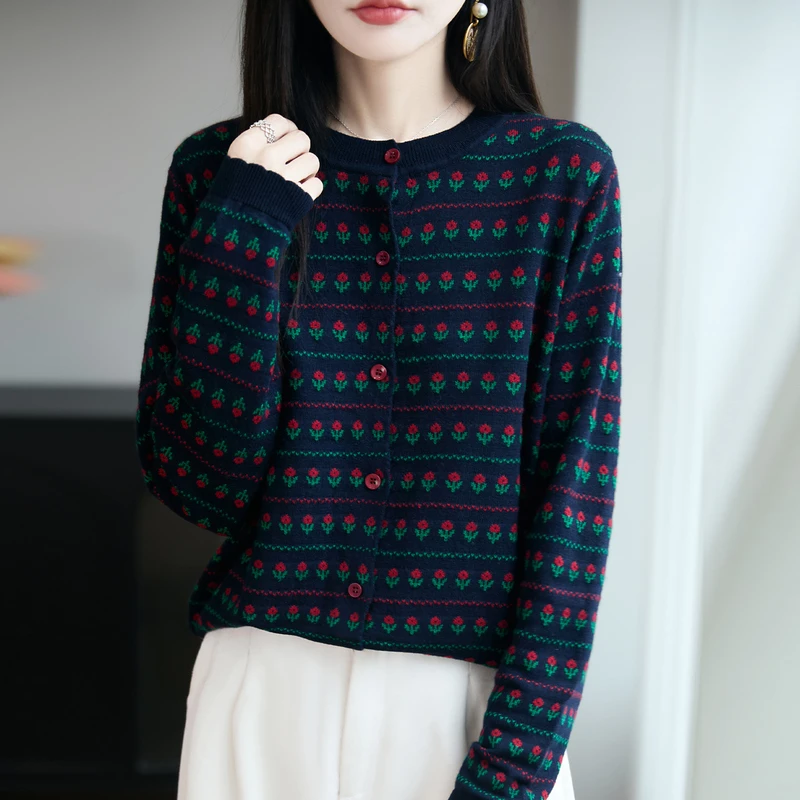 品牌撤柜正品圆领小花提花针织开衫秋季洋气时尚显瘦长袖女上衣