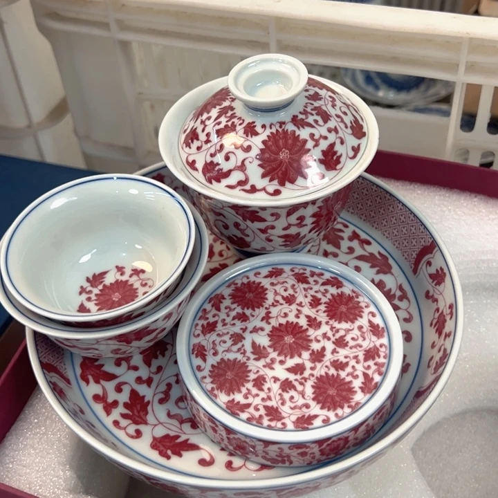 瓷片白青花釉里红红缠枝莲五件套全品
