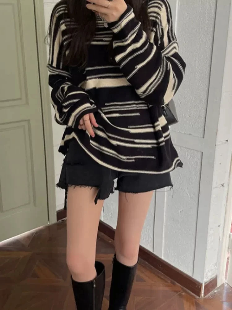 韩版宽松复古条纹针织毛衣女设计感小众春秋薄款慵懒风上衣打底衫