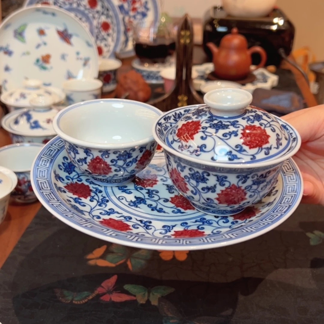 @***家其他陶青花釉里红并蒂莲套组