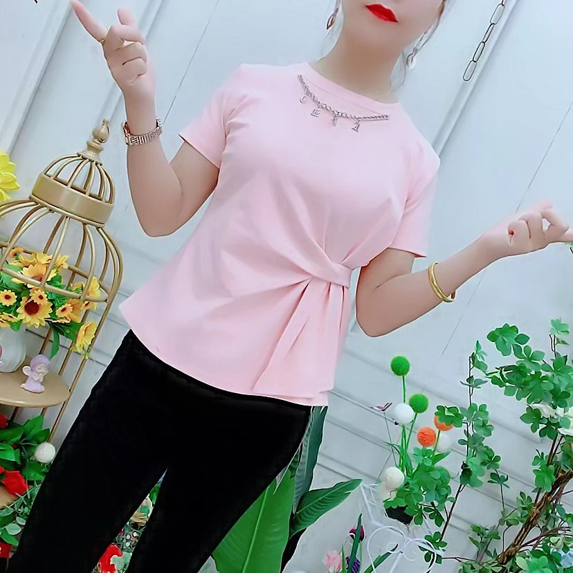 夏季新款不规则正肩短袖女t恤设计感绑带时尚百搭气质洋气上衣女