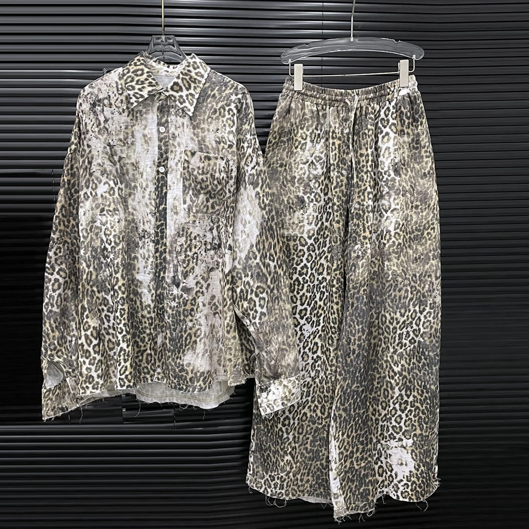 付新博女装豹纹时尚套装女小众复古毛边衬衫+休闲裤两件套14761