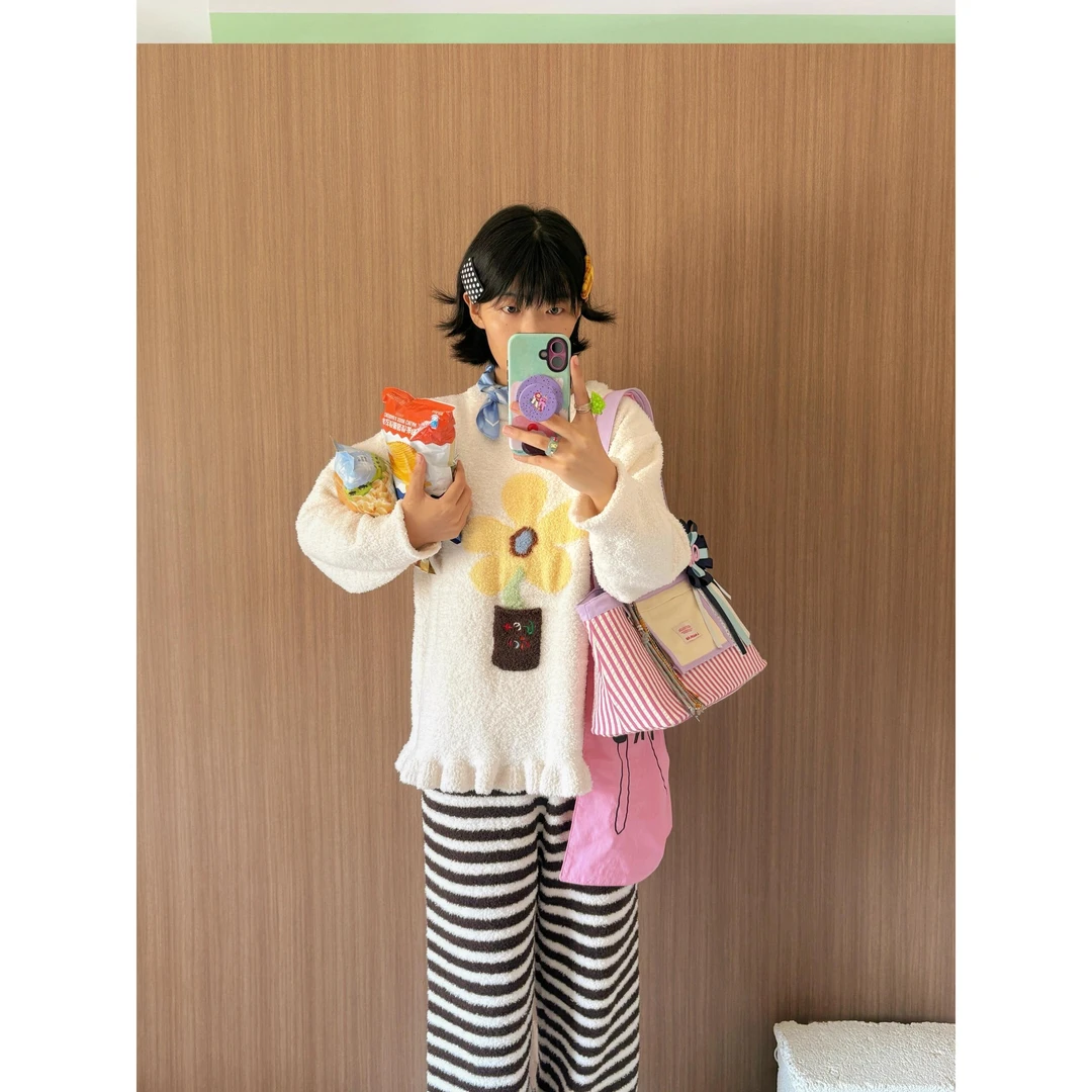 甜美小花刺绣睡衣女秋冬2025新款半边绒条纹长裤家居服套装可外穿