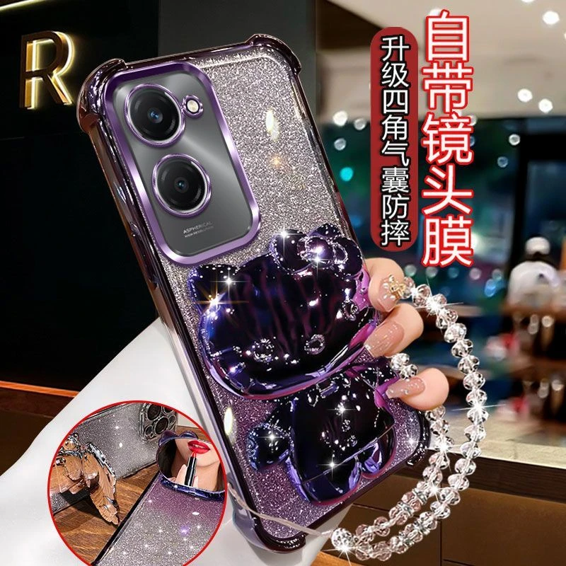 四角防摔vivoY37手机壳V2357A高质量电镀KT猫补妆镜支架高档女款