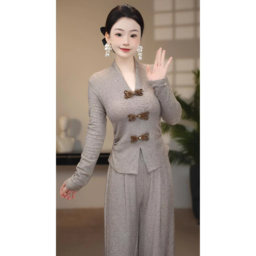 【汐】秋冬新款小众设计显瘦复古中式盘扣长袖套装-80082