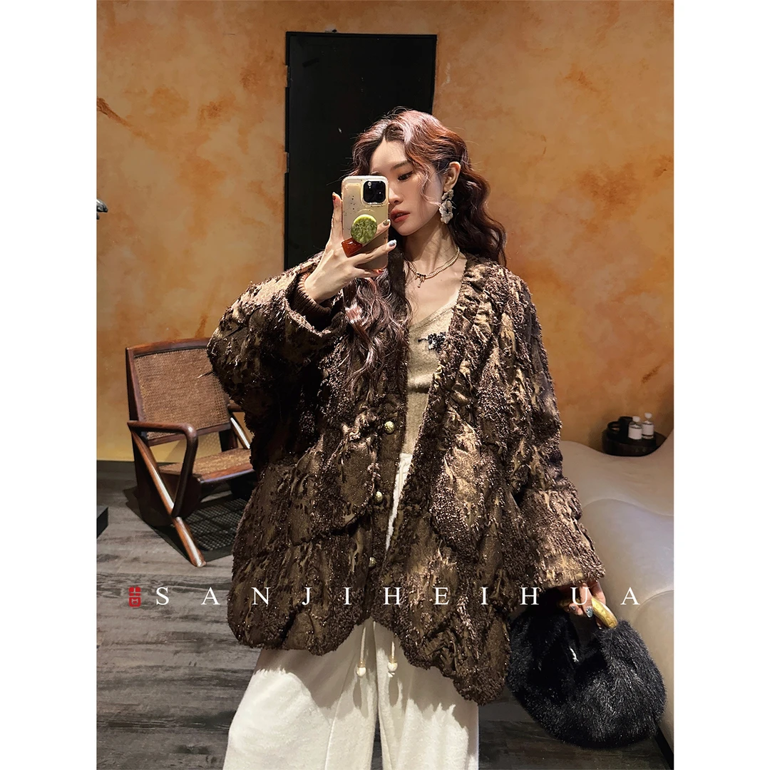 三吉黑花【花青羽】冬季禅意大羽绒服色织提花肌理女款2025新款