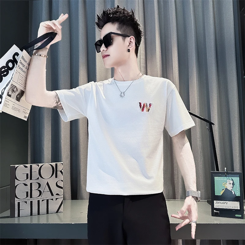 字母印花T恤男短袖夏季时尚圆领体恤2025新款上衣潮流薄款半截袖