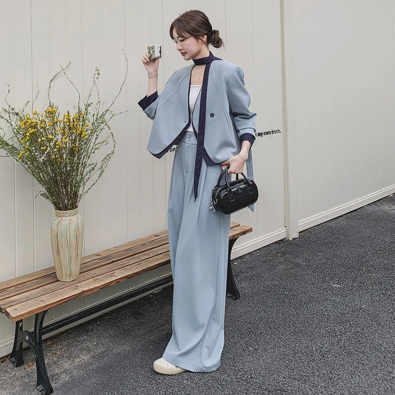 高级感蓝色西装套装女春秋2025新款流行超火两件套韩系洋气爆款