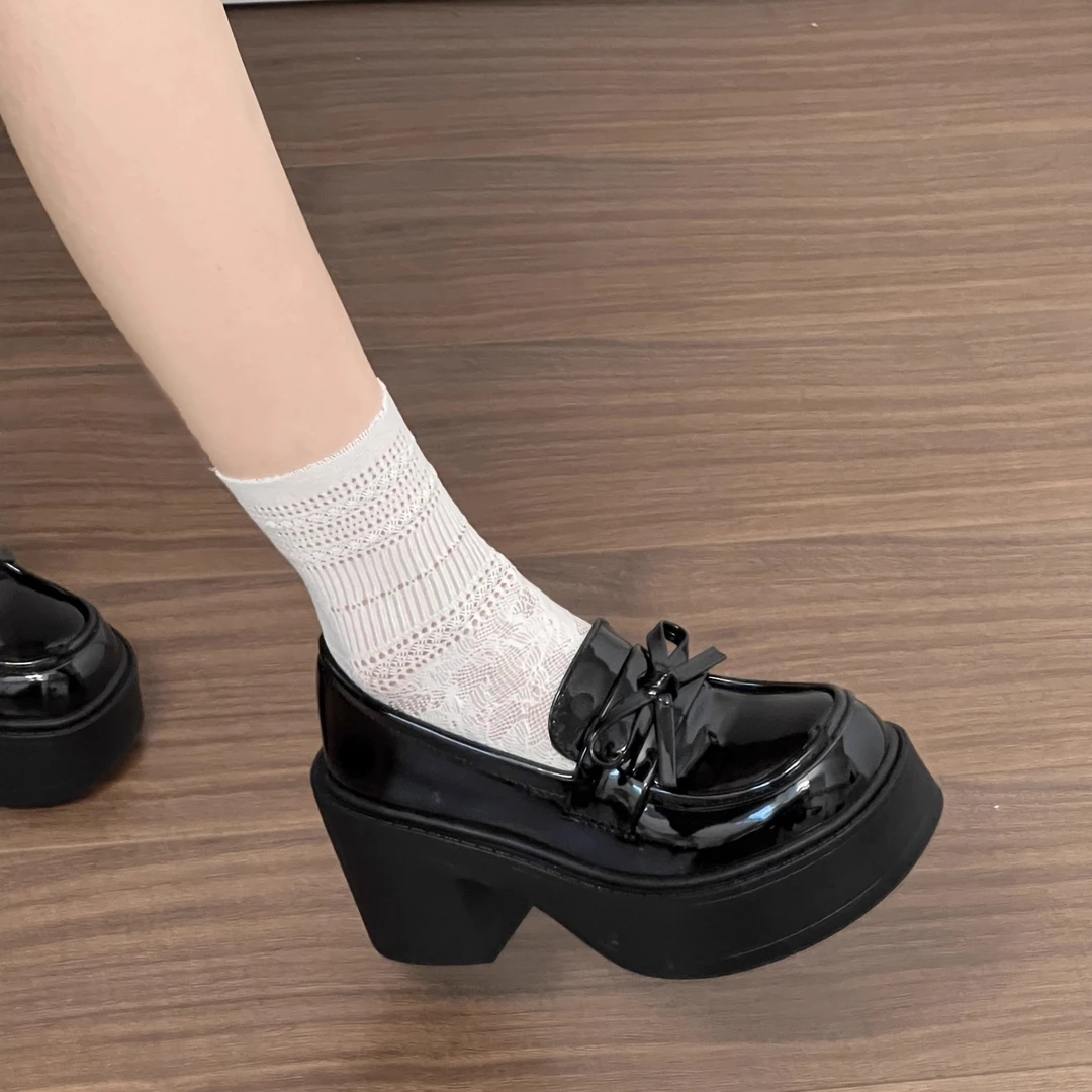 乐福鞋女黑色一脚蹬小个子女鞋厚底增高玛丽珍高跟鞋日系jk小皮鞋