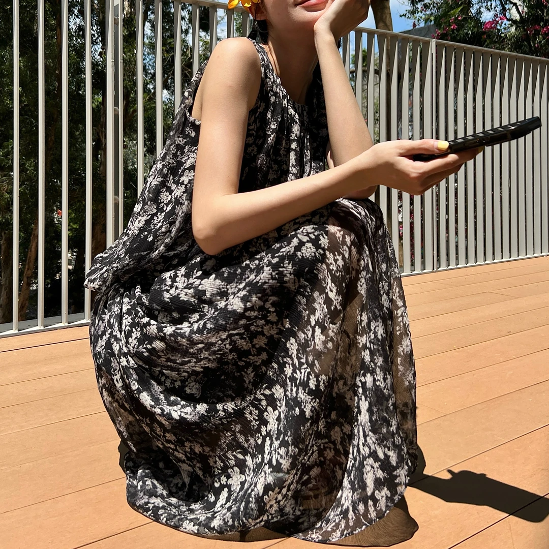 【萨拉迪恩】桑蚕丝水墨风圆领无袖时尚气质连衣裙