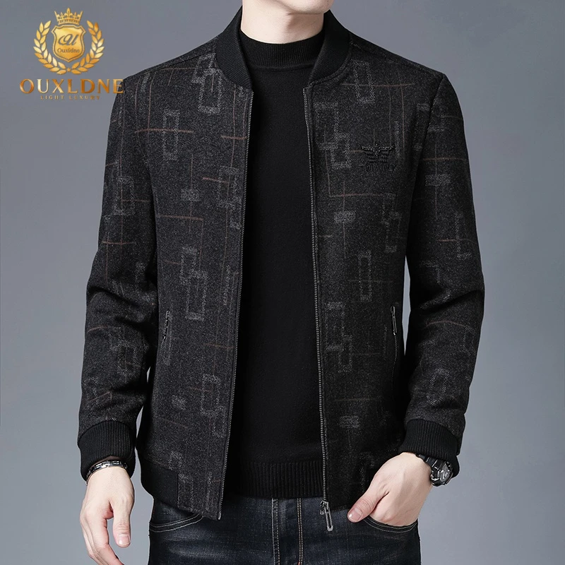 OUXLDNE 毛呢夹克男士2025秋季新款棒球领上衣潮流商务休闲外套潮