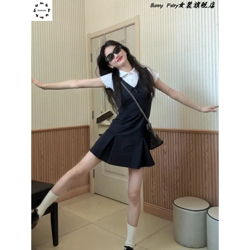 藏蓝V领学院风吊带连衣裙女夏小个子高级感背心裙时尚两件套装裙