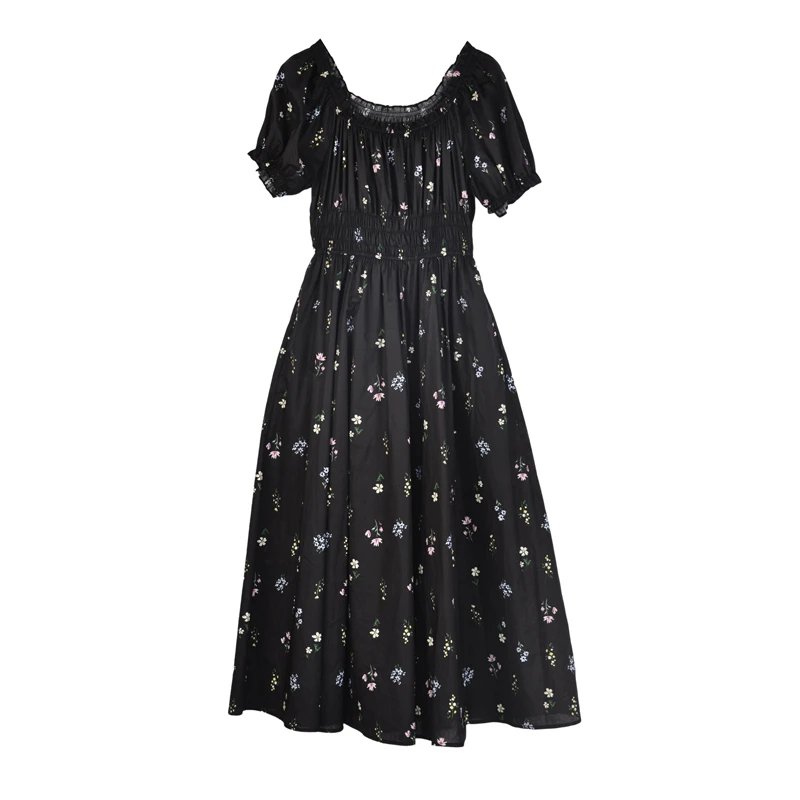 【达人甄选】夏季连衣裙女碎花泡泡袖一字肩长裙25L7044