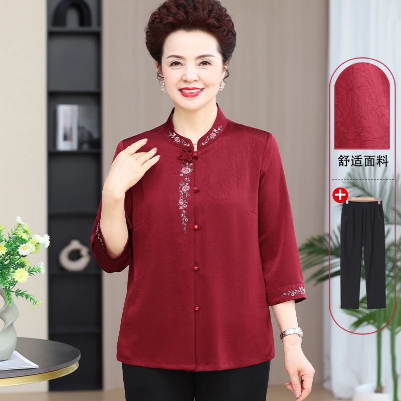 奶奶夏装衬衫中老年人女春夏衬衣老太太印花唐装老人中式国风衬衫