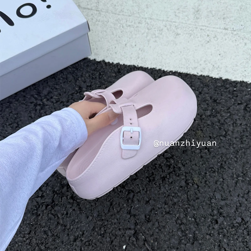 厚底勃肯鞋女外穿防滑透气装饰洞洞鞋沙滩一脚蹬半拖增高包头拖鞋