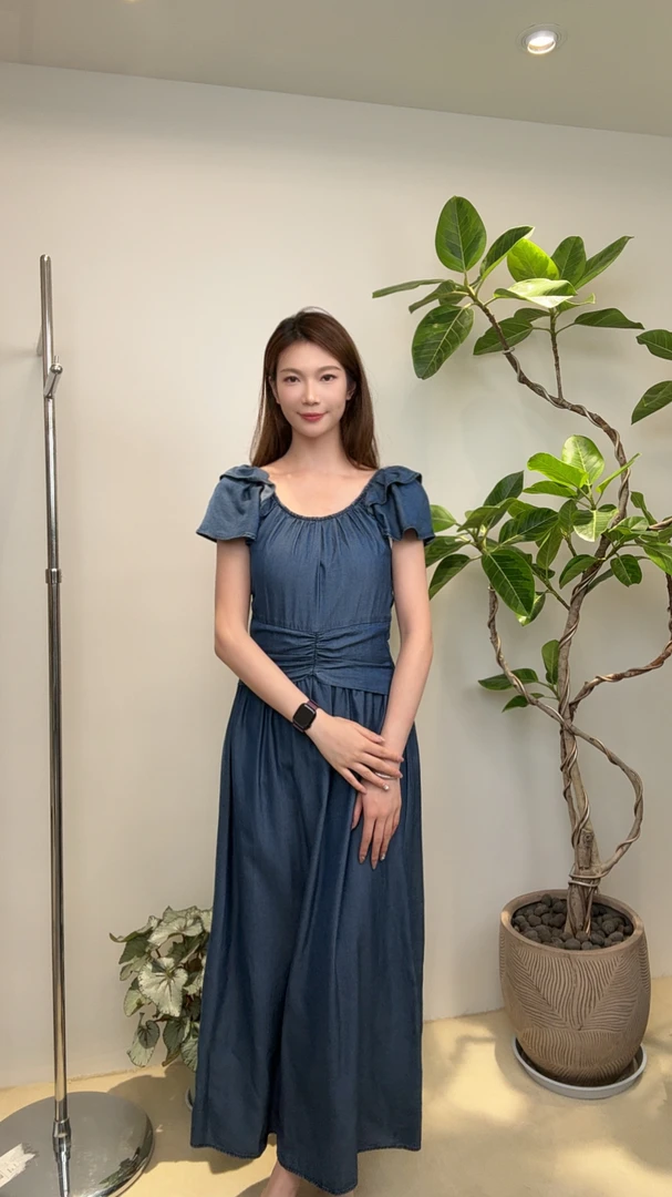 休闲静奢时尚套装蓝色时尚方领收腰气质长款小众6801212