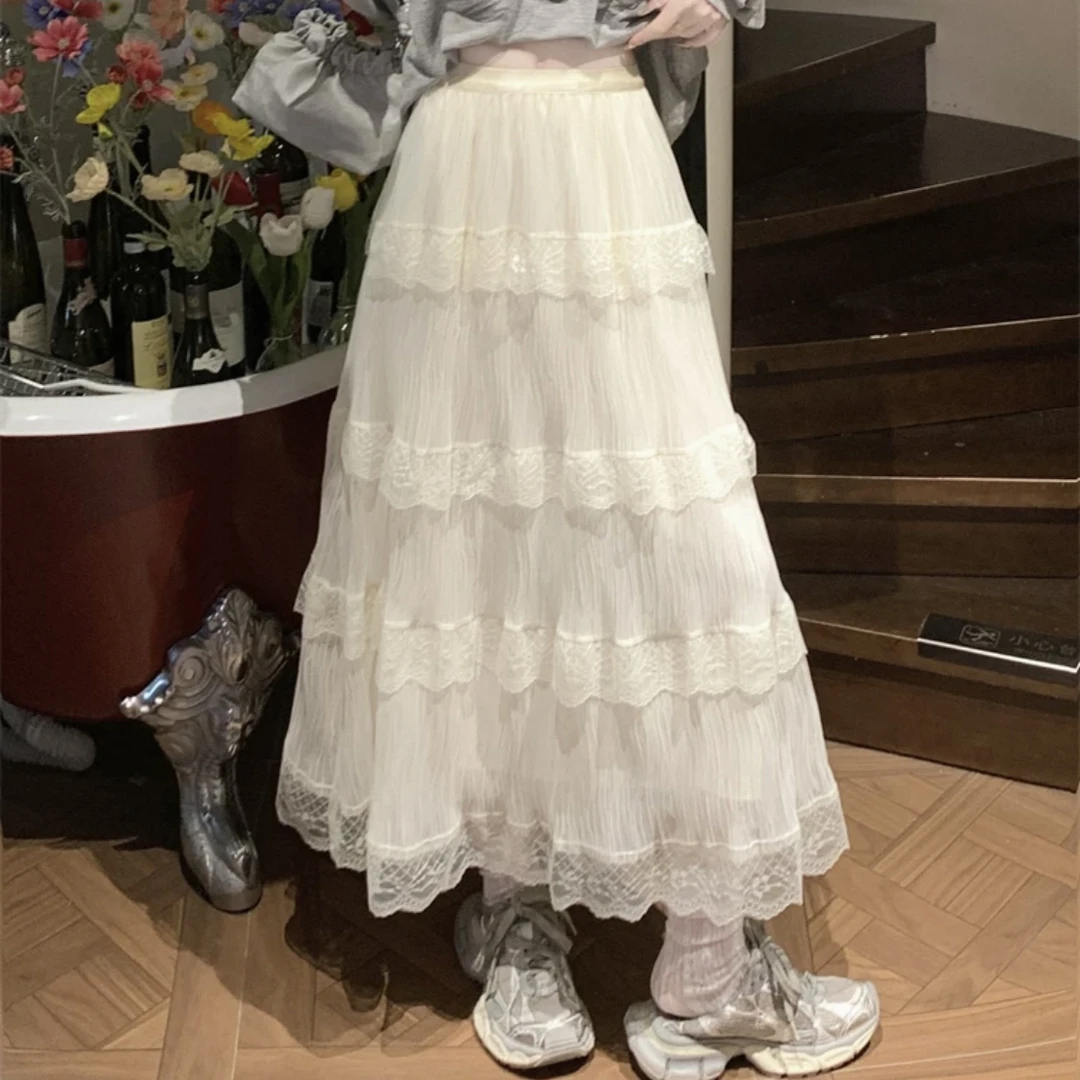 九8887-法式肌理感网纱半身裙春夏新款蕾丝拼接设计感蛋糕裙女