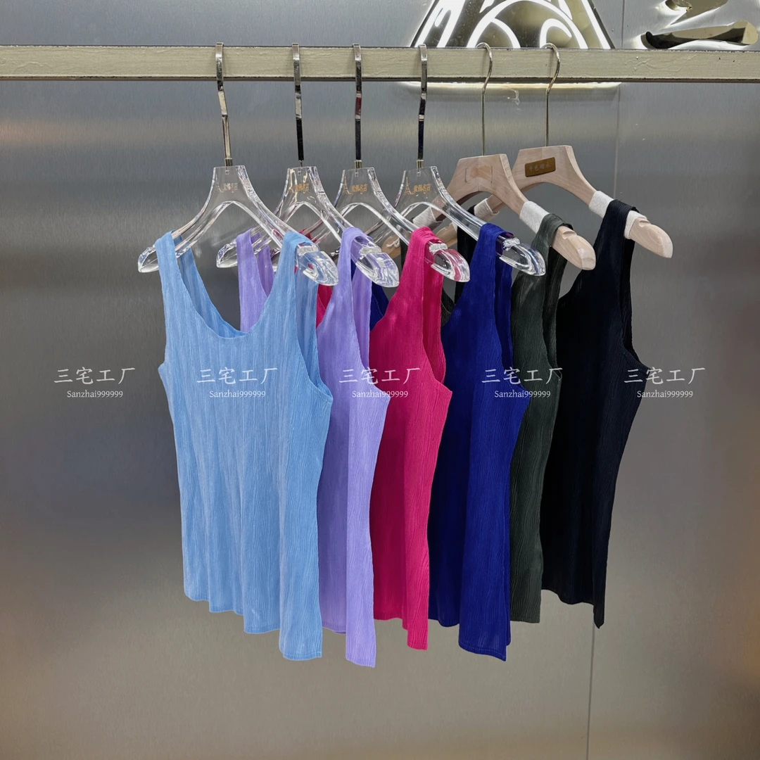 三宅褶皱夏季新款纯色百搭外穿吊带背心内搭小吊带无袖上衣