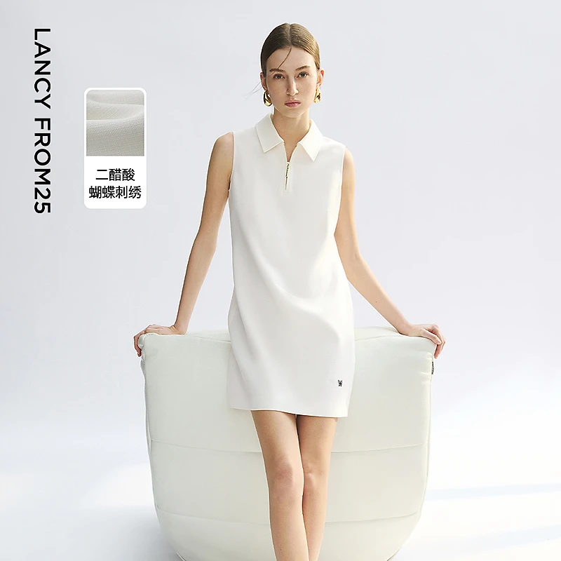 朗姿法式无袖polo领衬衫短款连衣裙修身二醋酸简约裙2025年夏季