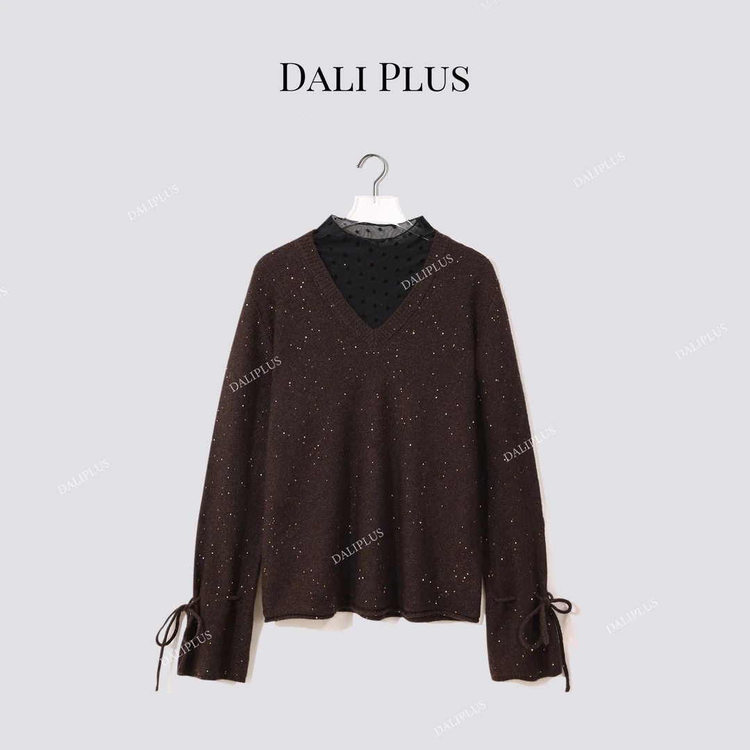 DALI PLUS“波点蕾丝假两件毛衣”系绳袖口设计针织衫-D5CH5452