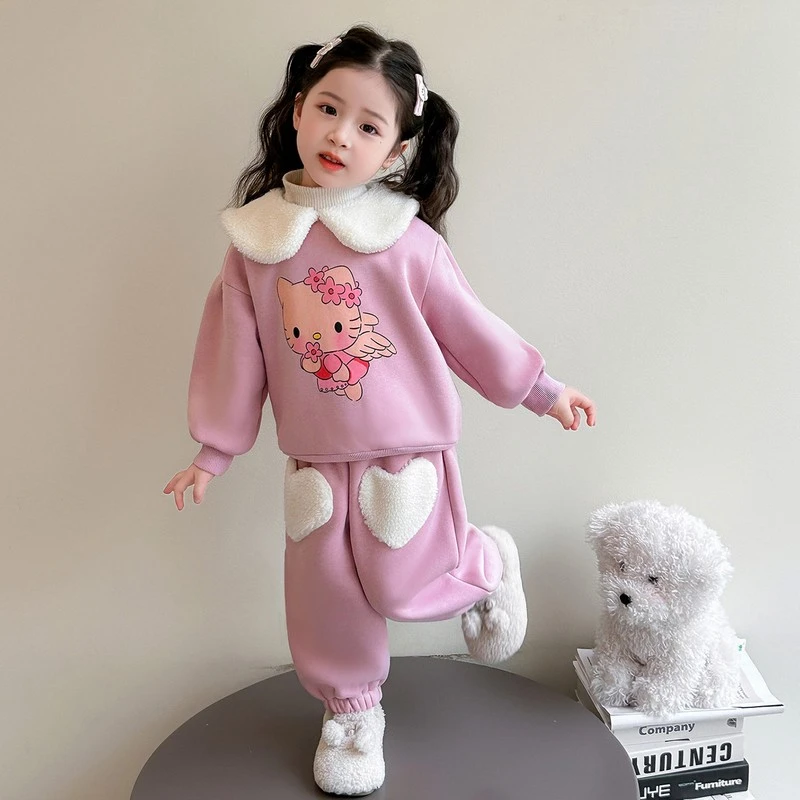 【新疆西藏包邮】女童猫咪加绒套装秋冬季新款女宝宝加厚翻领卡通
